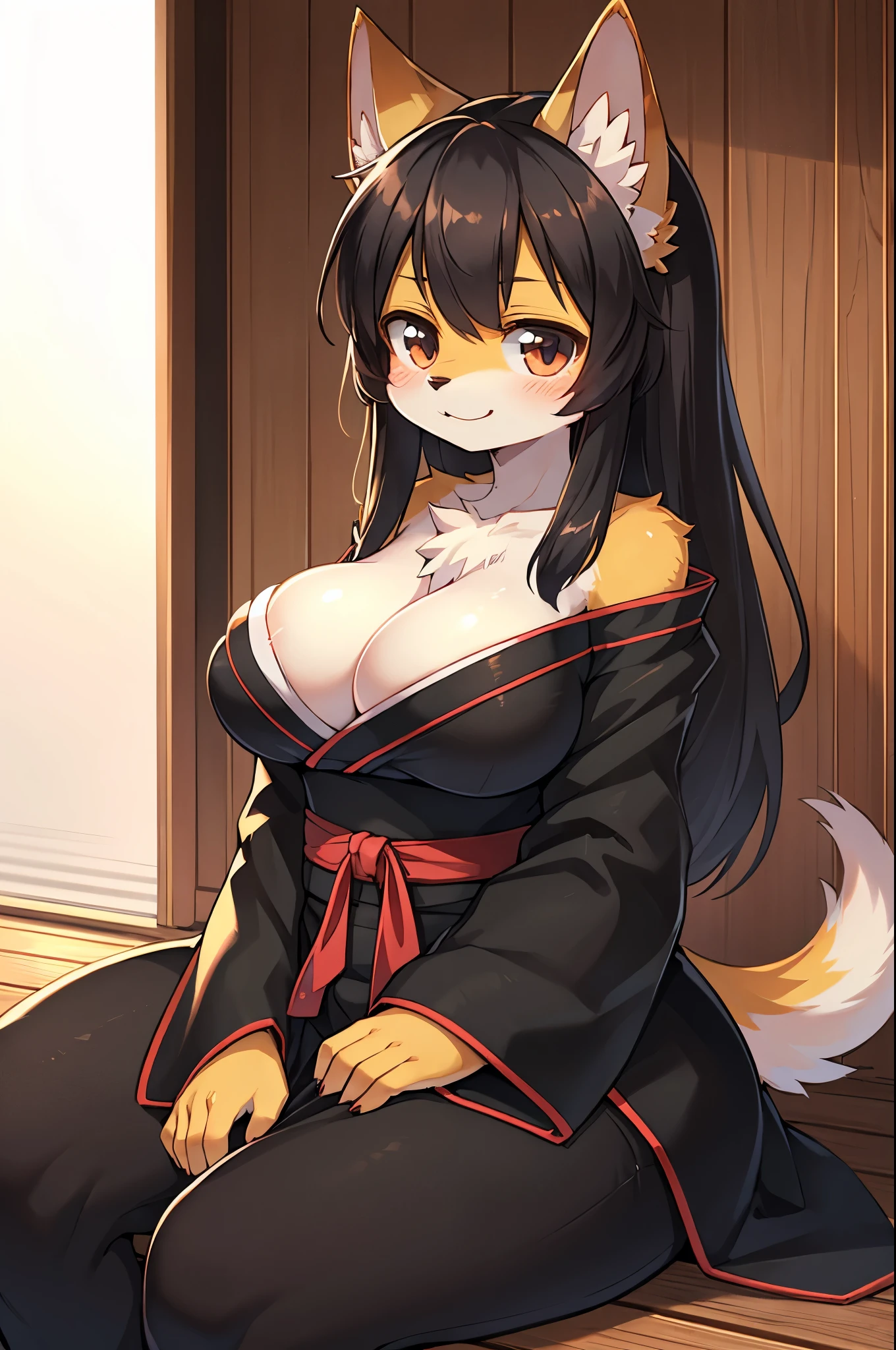 score 8 up, score 7 up, score 6, source furry, source anime, ((furry, kemono, anthro)), 1girl,long black hair,big breasts,light smile,yukata,black clothing,sitting,wariza,cleavage,bare shoulders