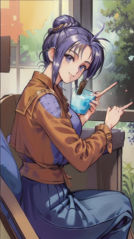 ((masterpiece)),((Ayako Katagiri)),((Katagiri Ayako)),((Mischievous Smile)),Anatomically perfect fingers,Cafe Terrace(((No sleeve))),(((Stylish cafe))),(((A moment of summer))),(((Drinking iced coffee))),(((Profile looking out the window)))