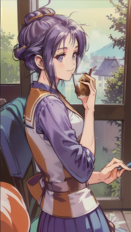 ((masterpiece)),((Ayako Katagiri)),((Katagiri Ayako)),((Mischievous Smile)),Anatomically perfect fingers,Cafe Terrace(((No sleeve))),(((Stylish cafe))),(((A moment of summer))),(((Drinking iced coffee))),(((Profile looking out the window)))