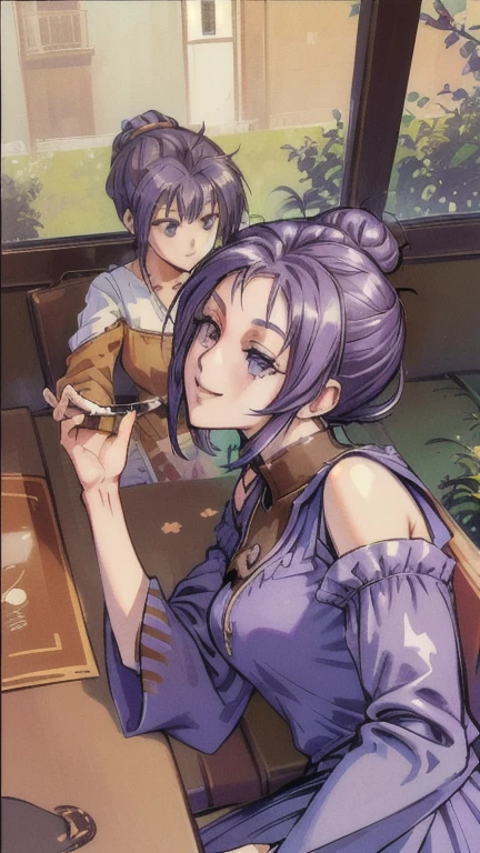 ((masterpiece)),((Ayako Katagiri)),((Katagiri Ayako)),((Mischievous Smile)),Anatomically perfect fingers,Cafe Terrace(((No sleeve))),(((Stylish cafe))),(((A moment of summer))),(((Drinking iced coffee))),(((Profile looking out the window)))