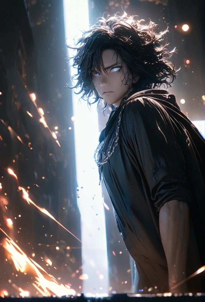 (solo), masculine, black korean hair, messy hair, mane hair, short hair, dense hair, wild hair, expressive hair, mature,(25 year old), pale skin, grey eyes, ((man)), teacher, wearing black shirt, rolled up sleeves, black long pants, One shoulder has shoulder armor, black cape covering one arm, detailed eyes, dark, hood, the background is space in china. Silver chains everywhere, attractive, eye reflection, depth of field, thunder aura, cinematic lighting, ray tracing, depth of field, cinematic lighting, ray tracing, UHD, high details, best quality, highres, high quality, award winning, super detail, masterpiece, 8k, UHD, high details, best quality, highres, high quality, award winning, super detail, masterpiece, 8k, digital art, anime coloring, full body, body shot, good face, perfect face, detailed face, good eyes, in a fighting position, holding a sword.
