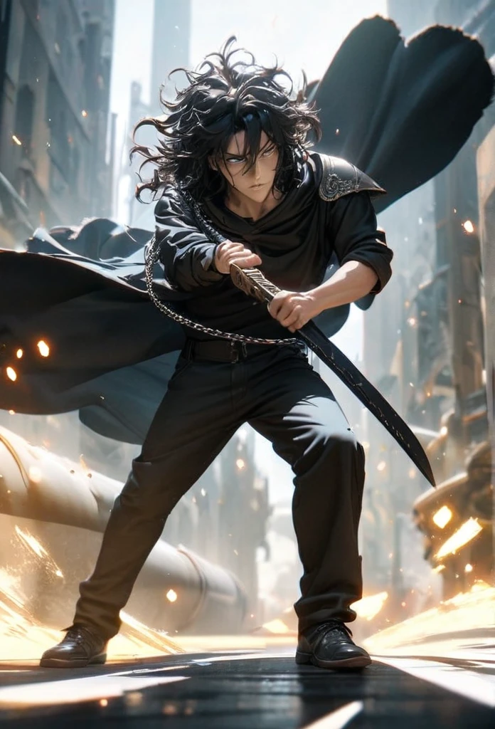 (solo), masculine, black korean hair, messy hair, mane hair, short hair, dense hair, wild hair, expressive hair, mature,(25 year old), pale skin, grey eyes, ((man)), teacher, wearing black shirt, rolled up sleeves, black long pants, One shoulder has shoulder armor, black cape covering one arm, detailed eyes, dark, hood, the background is space in china. Silver chains everywhere, attractive, eye reflection, depth of field, thunder aura, cinematic lighting, ray tracing, depth of field, cinematic lighting, ray tracing, UHD, high details, best quality, highres, high quality, award winning, super detail, masterpiece, 8k, UHD, high details, best quality, highres, high quality, award winning, super detail, masterpiece, 8k, digital art, anime coloring, full body, body shot, good face, perfect face, detailed face, good eyes, in a fighting position, holding a sword.