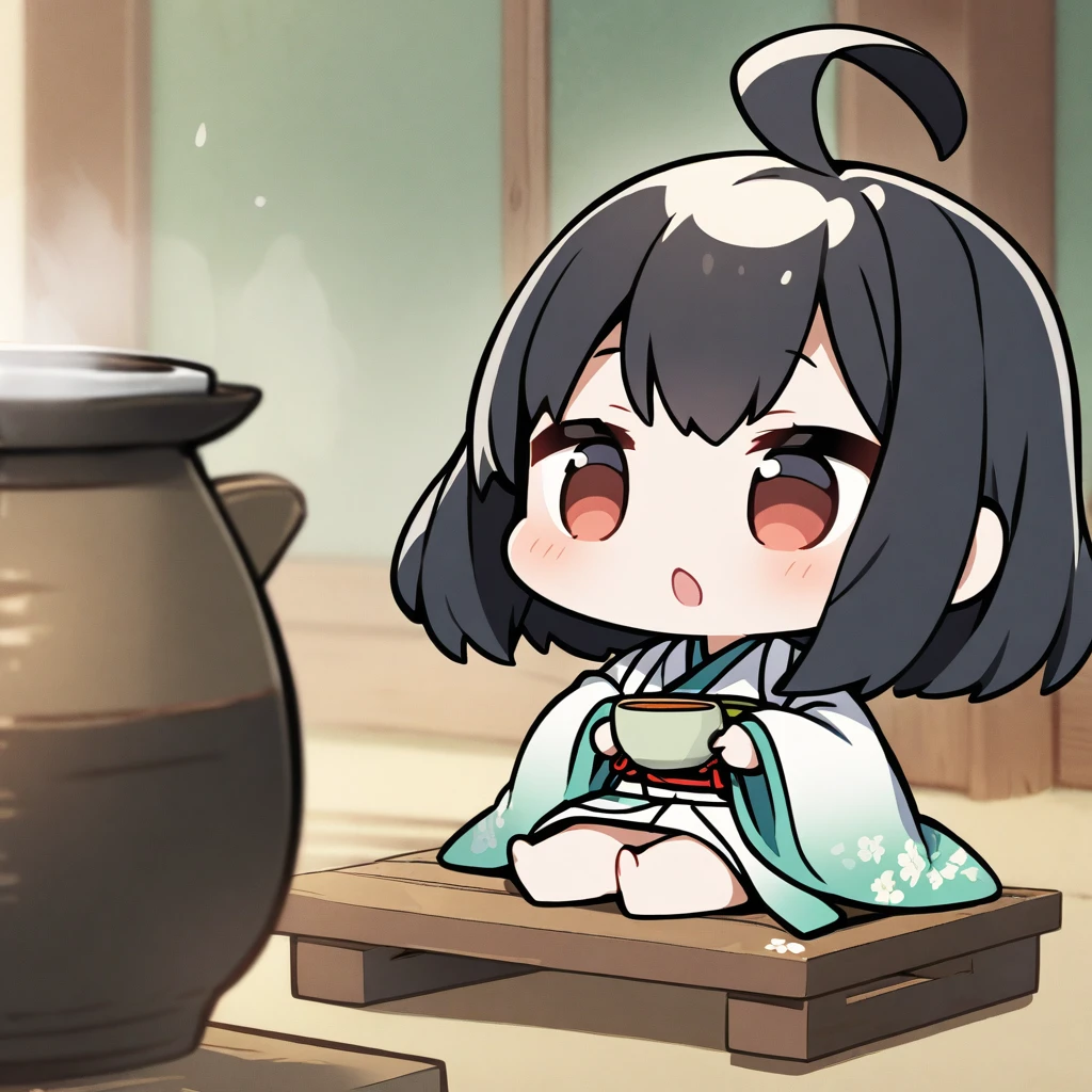 A girl in a kimono sits upright、Offering Japanese tea、Chibi Character、Ahoge、Black Hair、