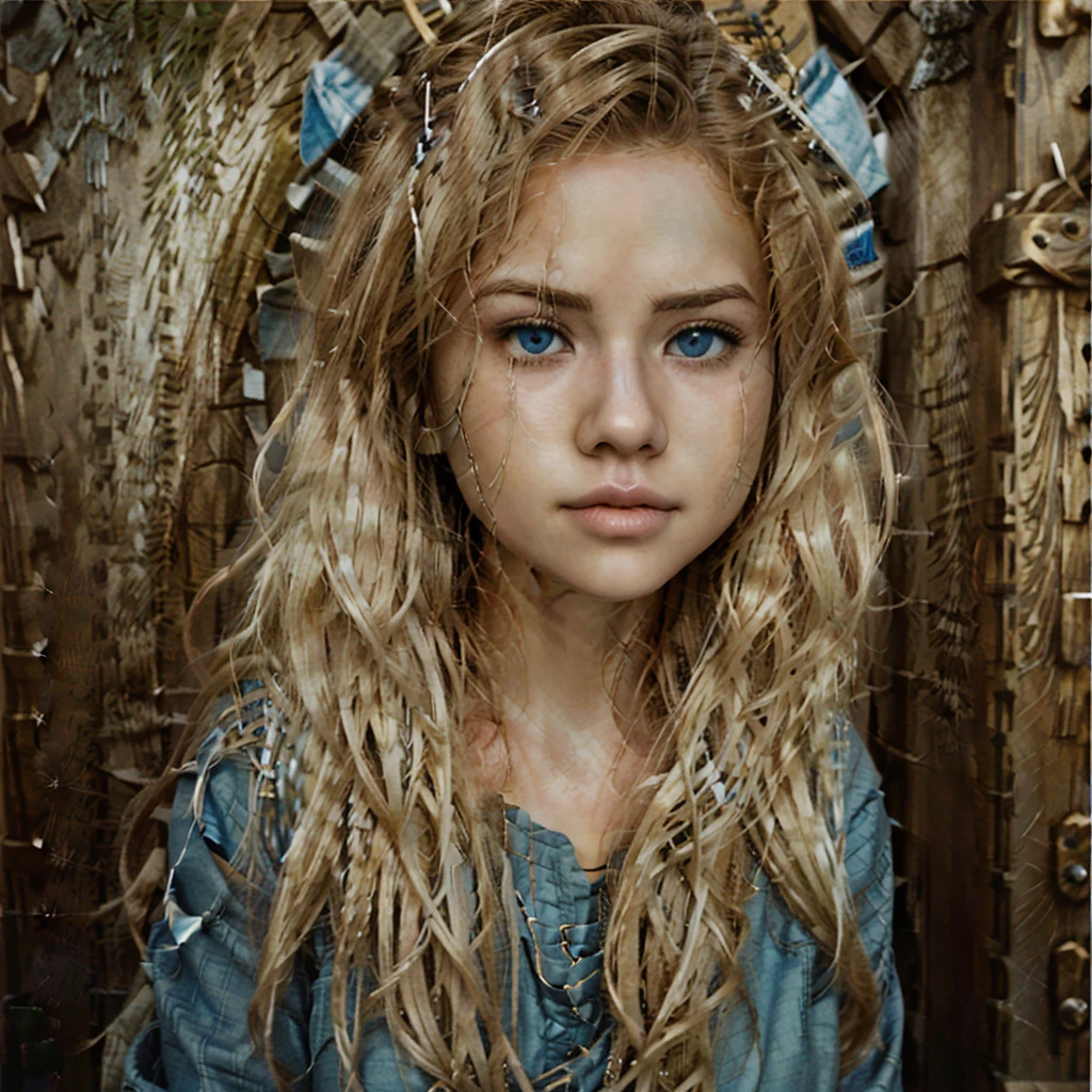 Realistic cute girl with slightly wavy blonde hair and blue eyes standing in front of a cart, ultra realistic, visual of a real young woman, vinland saga, official art, visual of a pretty girl, Game of Thrones female character, official art del personaje, portrait, official artwork, blonde girl with long hair, official illustration