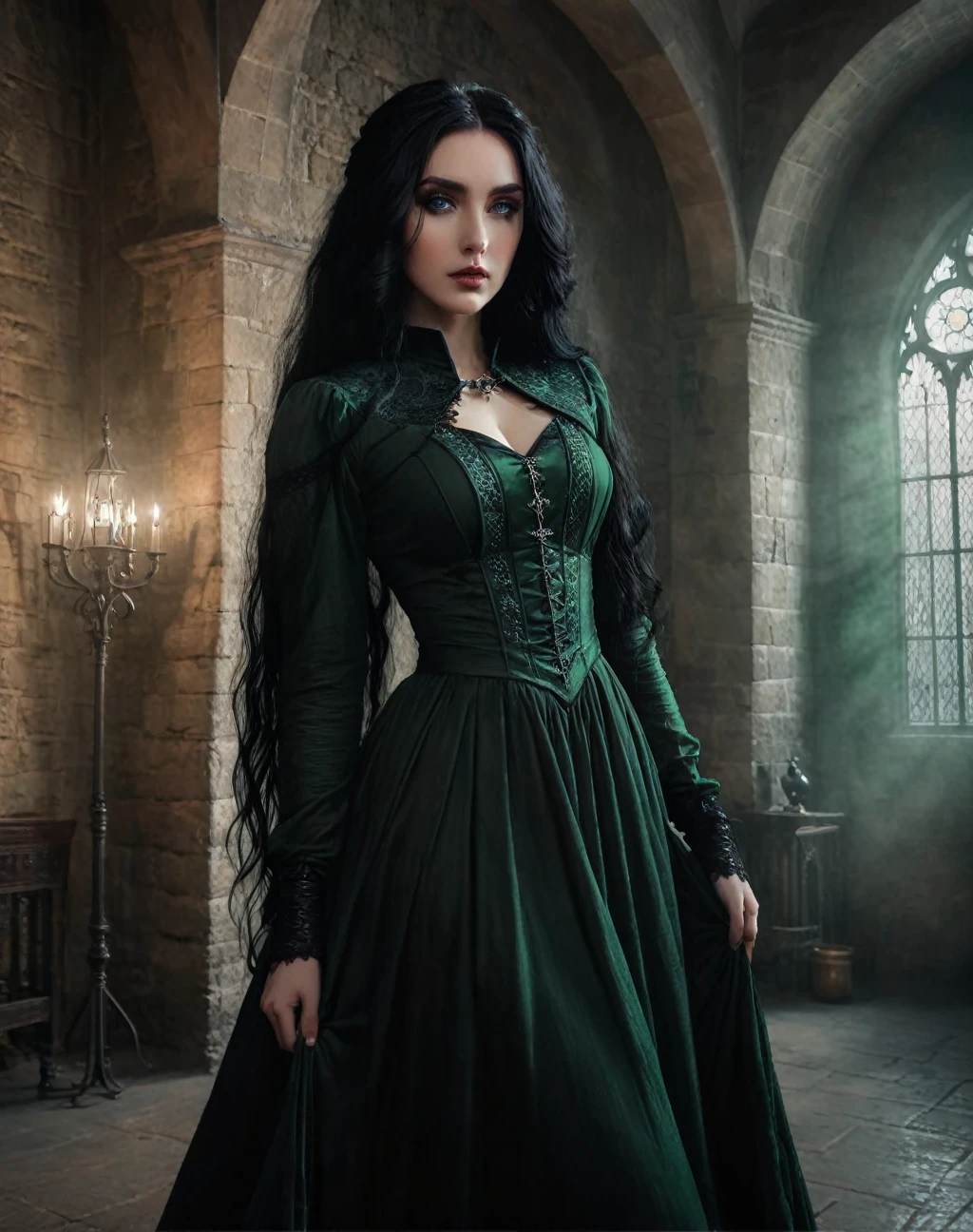 a beautiful girl, daughter of severus snape, porcelain skin, striking green eyes, long flowing black hair, ancient medieval princess dress, (witch:1.2),(fantasy gothic:1.2),dark castle interior, dramatic lighting, moody atmosphere, highly detailed, 8k, photorealistic, masterpiece