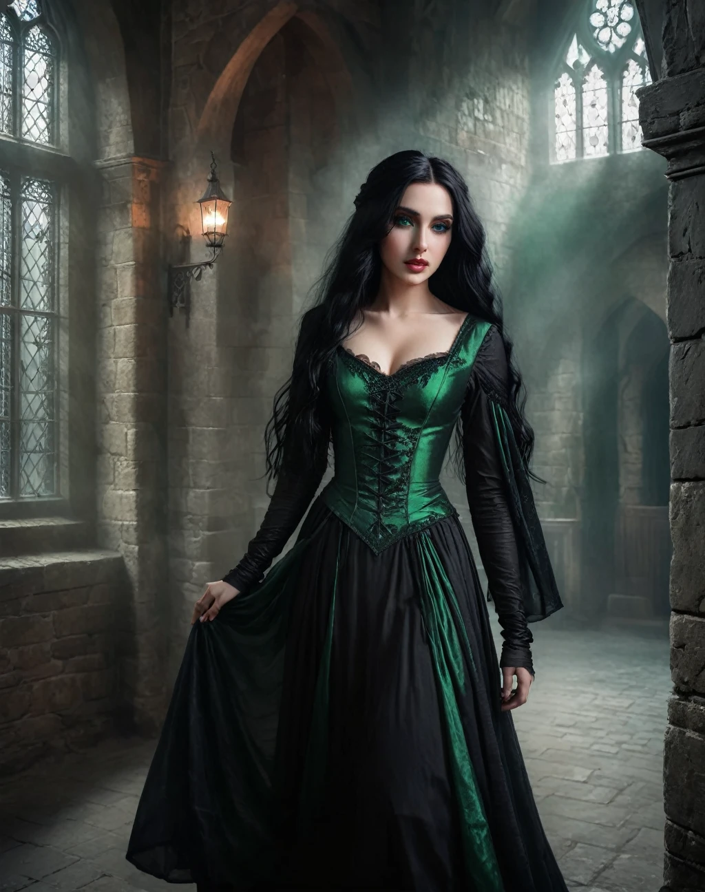 a beautiful girl, daughter of severus snape, porcelain skin, striking green eyes, long flowing black hair, ancient medieval princess dress, (witch:1.2),(fantasy gothic:1.2),dark castle interior, dramatic lighting, moody atmosphere, highly detailed, 8k, photorealistic, masterpiece