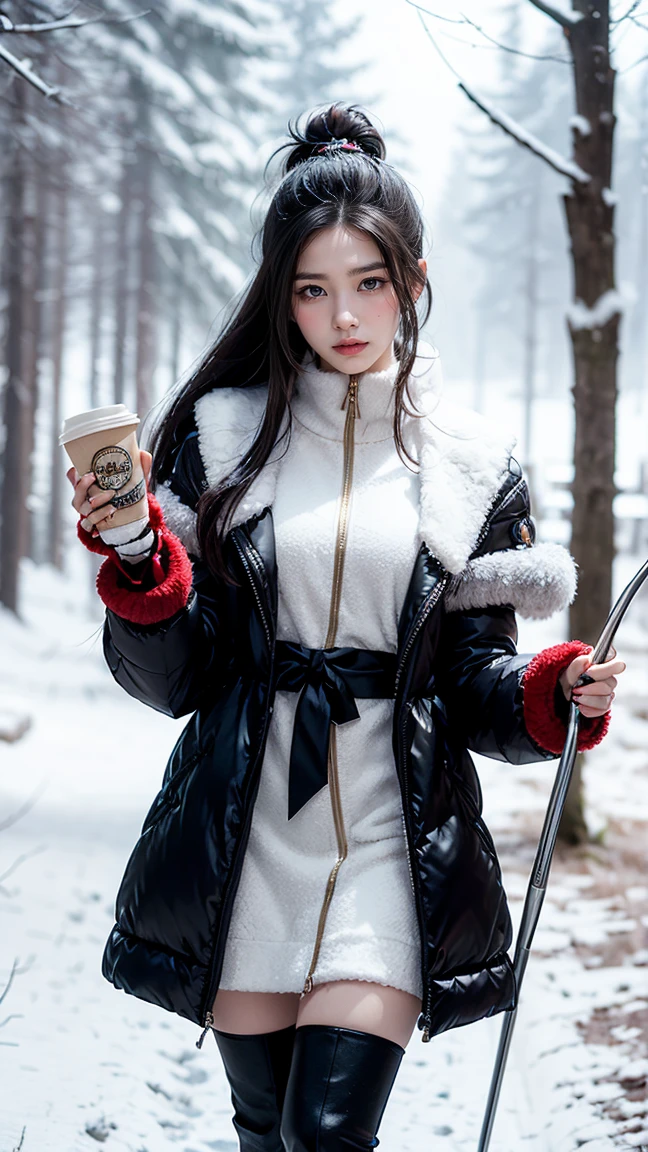 Show LeBlanc in her Winter Wonder skin from League of Legends by Riot Games, wearing a magical, frost-themed outfit with icy details and a staff, have massive k-cups, standing in a snowy, enchanted forest with sparkling ice crystals and falling snowflakes.