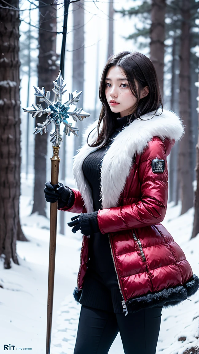 Show LeBlanc in her Winter Wonder skin from League of Legends by Riot Games, wearing a magical, frost-themed outfit with icy details and a staff, have massive k-cups, standing in a snowy, enchanted forest with sparkling ice crystals and falling snowflakes.