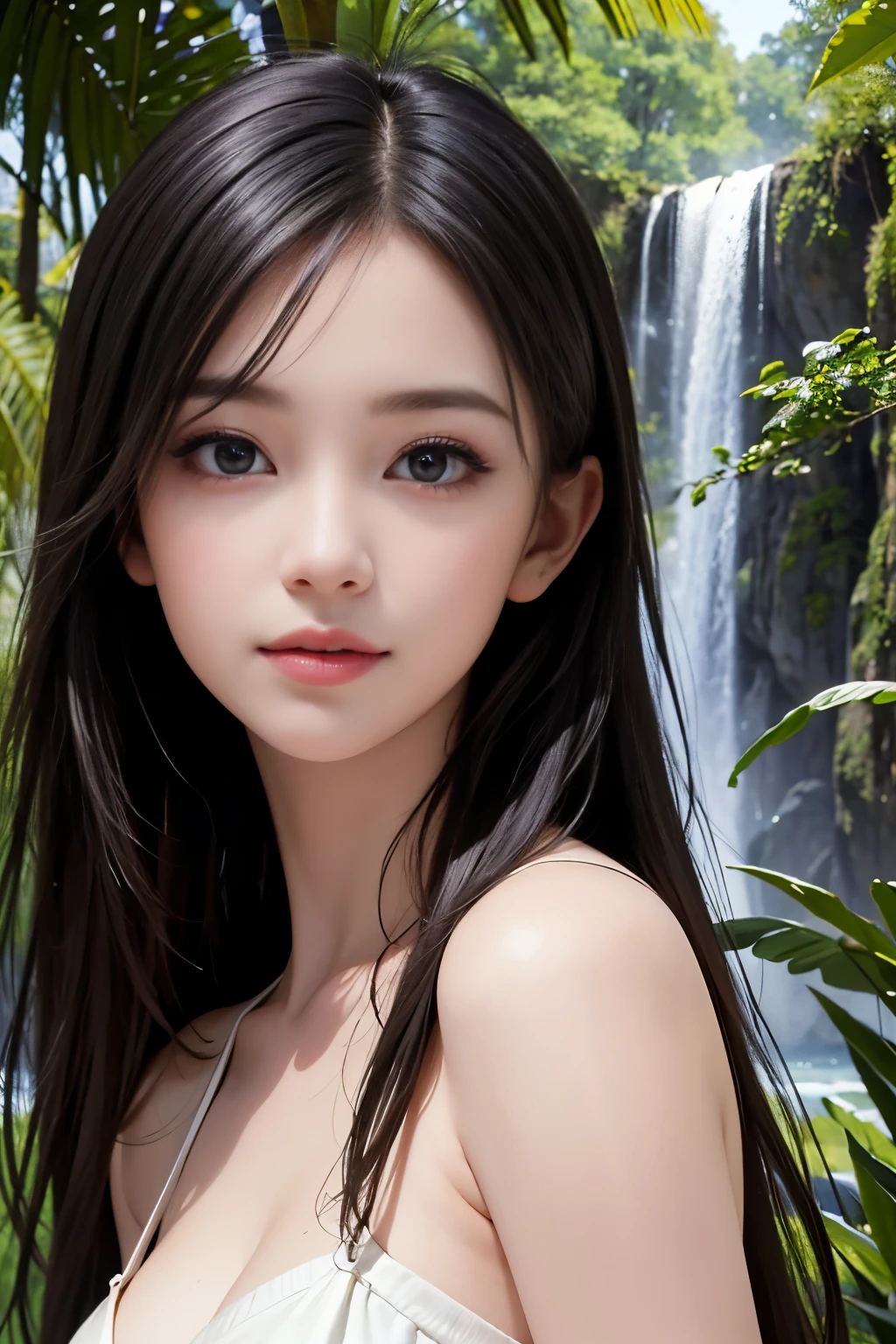 (ultra realistic) , (illustration), (increase resolution), (8K), (extremely detailed), (best illustration), (beautiful detailed eyes), (best quality), (ultra-detailed), (masterpiece), (wallpaper), (detailed face), 1 girl, black straight hair, slender body, delicate details, in the dark, deep shadow, low key, pureerosfaceace_v1, happy smile, summer dress, waterfall, rainforest