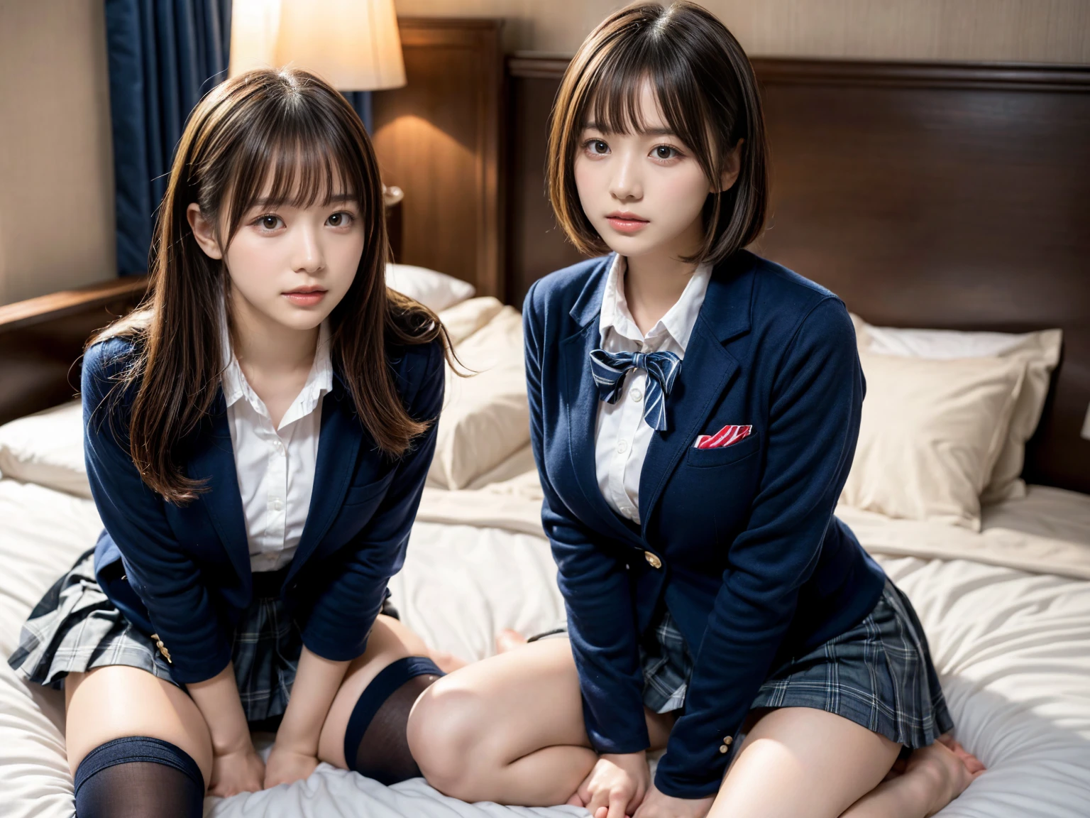 masterpiece, best quality, illustration, Super detailed, fine details, High resolution, 8K,wall paper, perfect dynamic composition,(Details High quality, realistic depiction of eyes:1.3), (2 girls), High school girl uniform、blazer 、Super Short Check Uniform Skirt、Navy blue high socks、garterbelts、Colossal tits, sitting, open legs, short bob hair, in a hotel room in the background, deep on field, large breasts, black hair color, Big Natural Color Lip, (perfect body shape), crying a little、Harajuku style、20 year old girl、cute type、beautiful legs, Gravure Idol