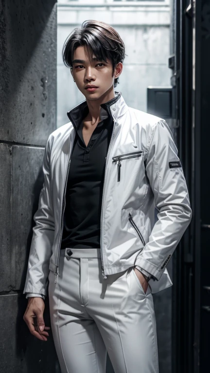 solo , 1man , thai man , white jacket , grey shirt with collar , black Long pants , happy