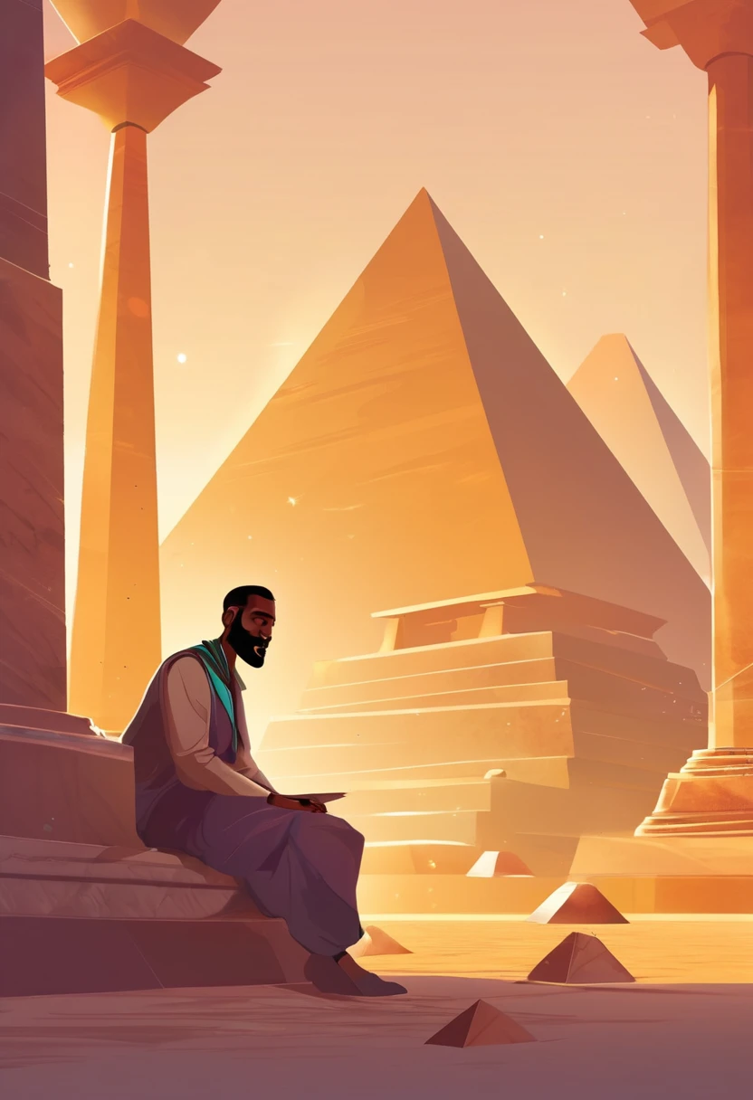 a man sits with two pyramids behind him. vector styl