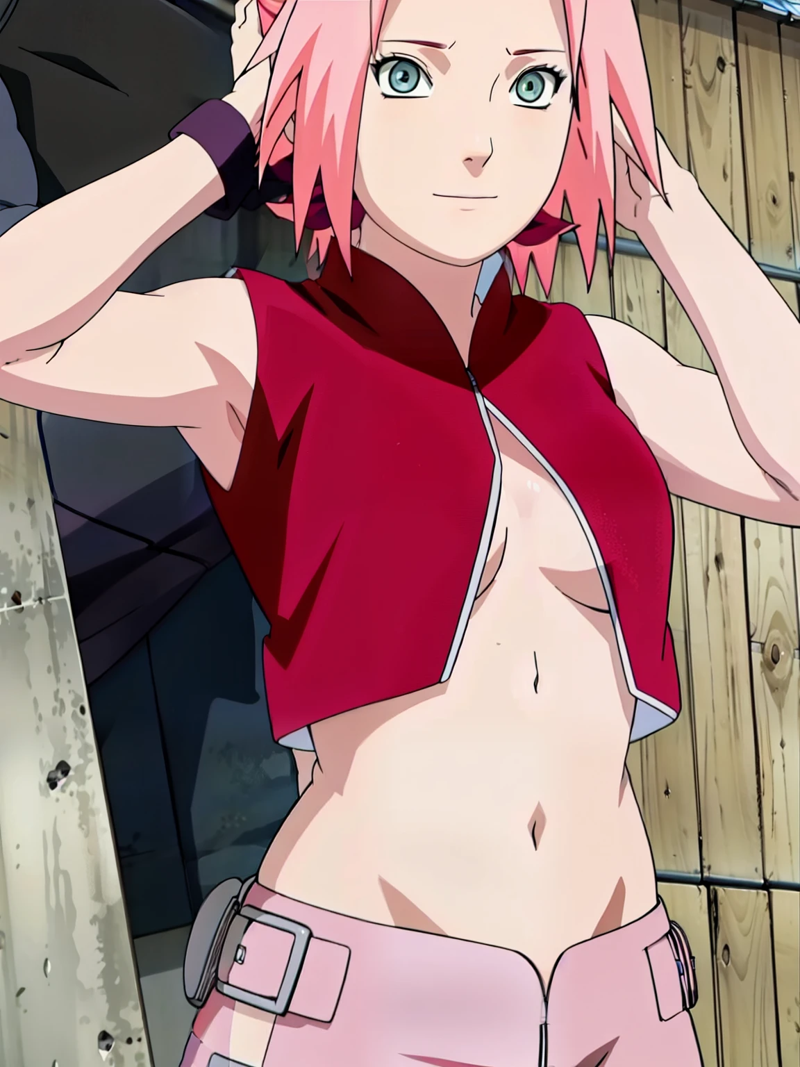 Sakura Haruno lifting her shirt arms up showing visible bra and sexy belly small breast.