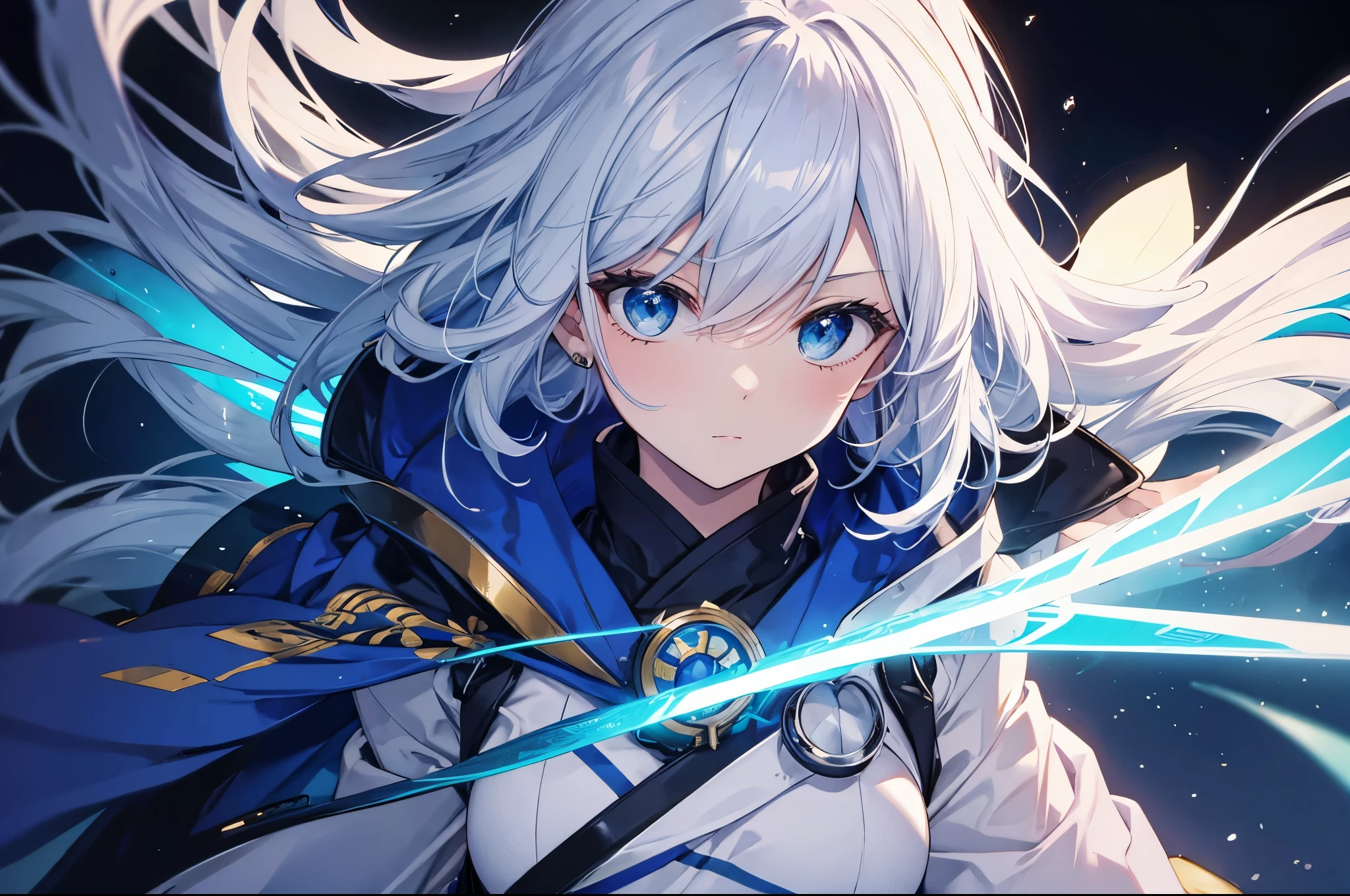 One woman((Calm expression,Concentration,Extreme close-up)) background((inflammation,blue)),Hold the sword,Parallel to the ground White hair,ショートボブ blue目,Super Shiny Japanese Style,Anime The Wind Blows,Ahead