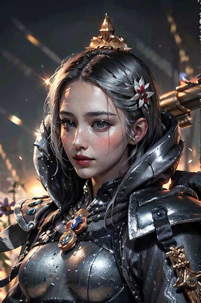 (1girl :1.3),portrait, Christina Chong beautiful face, narrowed eyes. smirk. black braided hair with narrowed eyes,, sister of battle, holding sword, dark background,(black and silver trim, black flower armor:1.5), (hdr:1.4), high contrast, (cinematic:0.85), (muted colors, dim colors, soothing tones:1.3), low saturation, smoke,shining sword,cluster amaryllis,wind,dragon loong spirit behind,perfect anatomy, centered, approaching perfection, (athletic female), detailed face, short hair, white hair, bangs, feminine, nice breasts, beautiful detailed girl, extremely detailed fingers, cute, young, mature face, realistic face, realistic body,armour, adepta sororitas