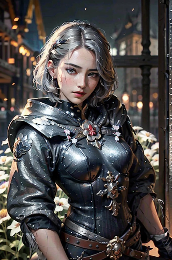 (1girl :1.3),portrait, Christina Chong beautiful face, narrowed eyes. smirk. black braided hair with narrowed eyes,, sister of battle, holding sword, dark background,(black and silver trim, black flower armor:1.5), (hdr:1.4), high contrast, (cinematic:0.85), (muted colors, dim colors, soothing tones:1.3), low saturation, smoke,shining sword,cluster amaryllis,wind,dragon loong spirit behind,perfect anatomy, centered, approaching perfection, (athletic female), detailed face, short hair, white hair, bangs, feminine, nice breasts, beautiful detailed girl, extremely detailed fingers, cute, young, mature face, realistic face, realistic body,armour, adepta sororitas