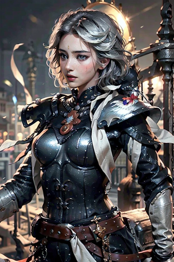 (1girl :1.3),portrait, Christina Chong beautiful face, narrowed eyes. smirk. black braided hair with narrowed eyes,, sister of battle, holding sword, dark background,(black and silver trim, black flower armor:1.5), (hdr:1.4), high contrast, (cinematic:0.85), (muted colors, dim colors, soothing tones:1.3), low saturation, smoke,shining sword,cluster amaryllis,wind,dragon loong spirit behind,perfect anatomy, centered, approaching perfection, (athletic female), detailed face, short hair, white hair, bangs, feminine, nice breasts, beautiful detailed girl, extremely detailed fingers, cute, young, mature face, realistic face, realistic body,armour, adepta sororitas