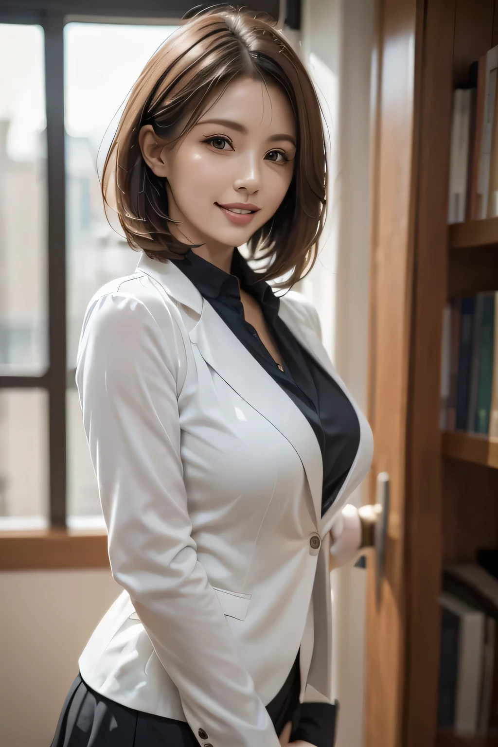 Beautiful lawyer、(alone, 40 years old、Ultra detailed face、Detailed lips、Detailed eyes、double eyelid、Brunette bob hair, Black blazer、White dress shirt、Tight micro mini skirt)、Reading at a desk、at the library、Huge 、Perfect hands, Perfect Fingers, Perfect breasts, Exactly, Perfect body, Perfect Face, Perfect Image Realism, Detailed Background, Detailed costume, maikurobiki、Unbuttoned shirt、Lewd Librarian、Hyperrealism、Photorealistic、Unreal Engine、Maximum resolution 8K, (masterpiece), Very detailed, Professional