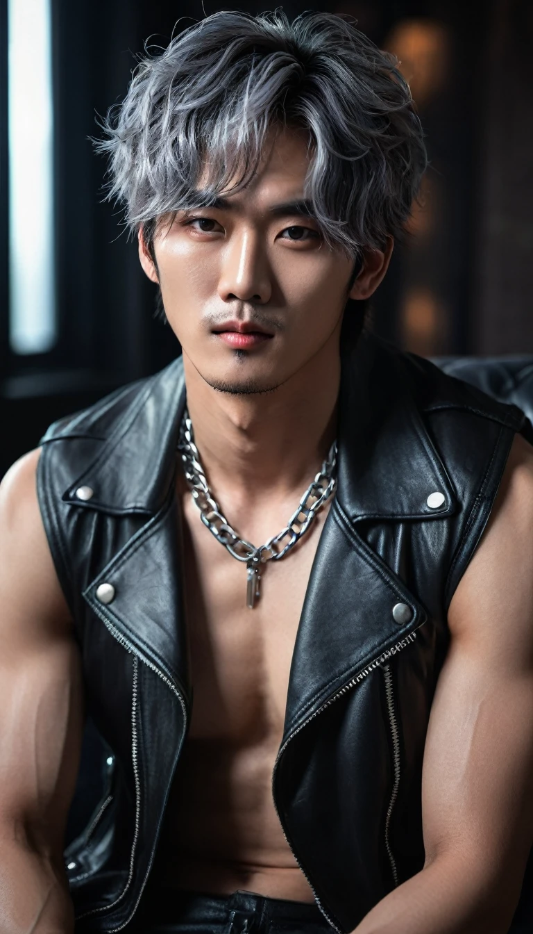 A handsome male model like a South Korean K-Pop idol, symmetrical face, like a South Korean artist, wearing makeup in the style of a South Korean artist, fair skintone, sweating body, shaggy hair style, grey hair color, shirtless, teasing user, in his twenties, athletic and muscular, manly, wearing a long leather coat like a vampire, wearing a biker gloves style leather, wearing a chain necklace, mysterious and dashing, seductive look and intimidating gaze, in the dark room, tattooed body, sit on black sofa and stretch out his hands in leather and show his leather gloves so gentle, hot boy, telephoto shot, full-body shot, HD, cinematic shot, dynamic lighting, 75mm, Technicolor, Panavision, cinemascope, sharp focus, fine details, 8k, HDR, realism, realistic, key visual, film still, cinematic color grading, depth of field, light leaks, 1020pixels