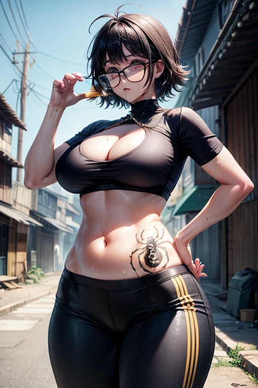 masterpiece, Highest quality, Unreal Engine, Super Resolution, Very detailed,
Beautiful woman, Spider tattoo on stomach!*, belly button, Garment Lift, Lift your shirt, Glasses, Black Hair, Rosary, Vivid expression, Healthy Body, Beautifully detailed sweat glands, Smooth skin texture, Carefully drawn,
(humidity:1.5), Beautiful Eyes, (Attractive face:1.2), (Beautiful Skin), Tight waist, (Big Breasts), (Sticky with sweat), Dynamic pose,
In the world of Hunter Hunter, Outdoor, In the slums,