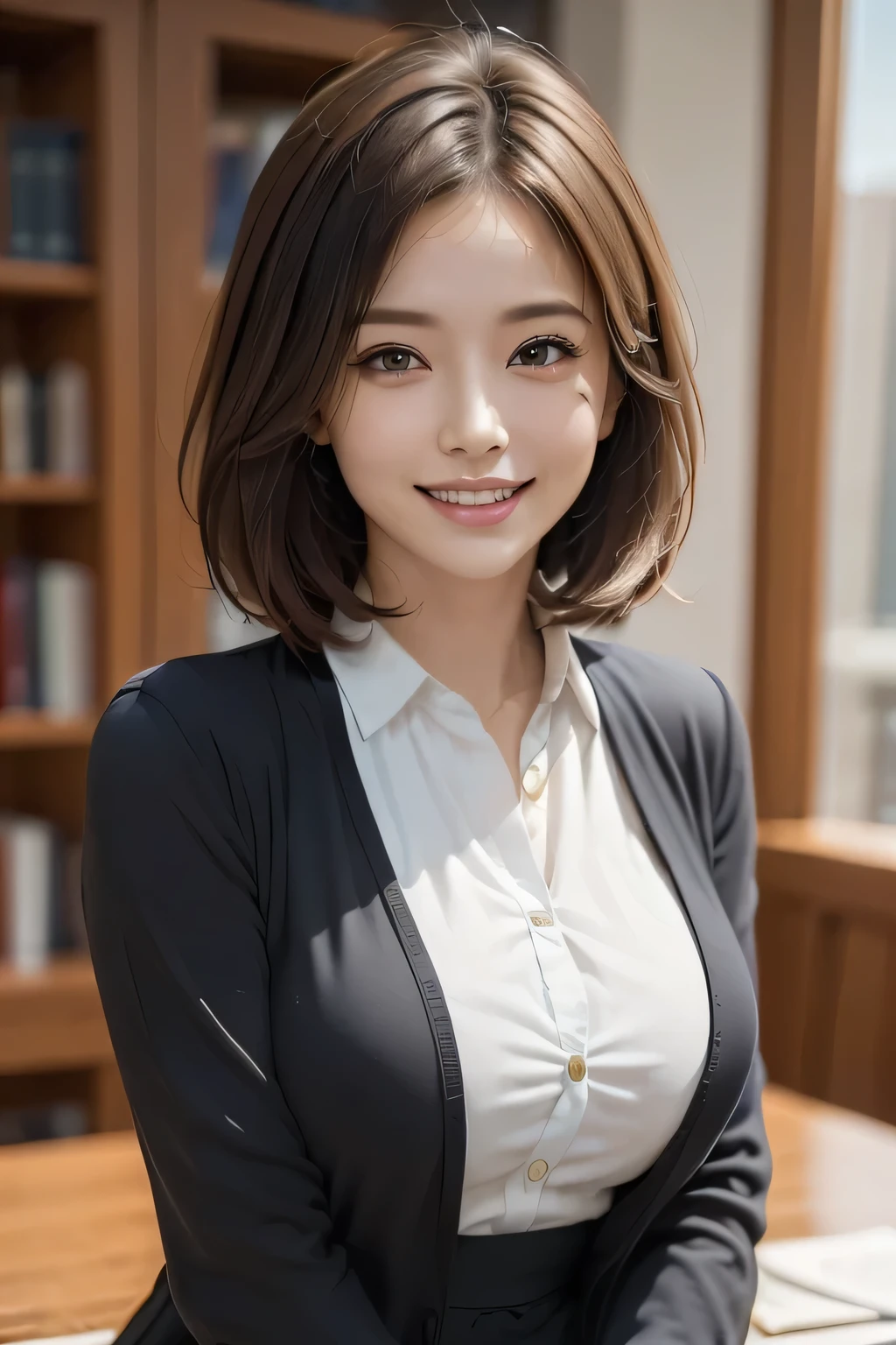 Beautiful lawyer、(alone, 40 years old、Ultra detailed face、Detailed lips、Detailed eyes、double eyelid、Brunette bob hair, Black blazer、White dress shirt、Tight micro mini skirt)、Reading at a desk、at the library、Huge 、Perfect hands, Perfect Fingers, Perfect breasts, Exactly, Perfect body, Perfect Face, Perfect Image Realism, Detailed Background, Detailed costume, maikurobiki、Unbuttoned shirt、Lewd Librarian、Hyperrealism、Photorealistic、Unreal Engine、Maximum resolution 8K, (masterpiece), Very detailed, Professional