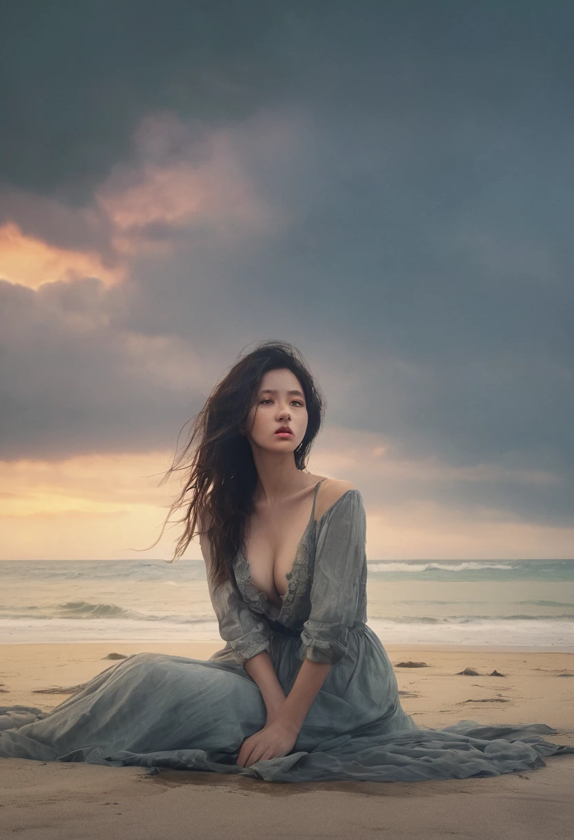 (masterpiece, best quality: 1.2), ultra detailed, cinematic lighting, HDR, illustration, landsape, 1girl, (soft colors), post-apocalyptic beach, the night, desolate atmosphere, nude girl sitting on the sand, covered vegetation, (overcast sky), waves crashing on the coast, (melancholic but hopeful), quiet moment of respite, (detailed textures), windswept hair, cloudy at night