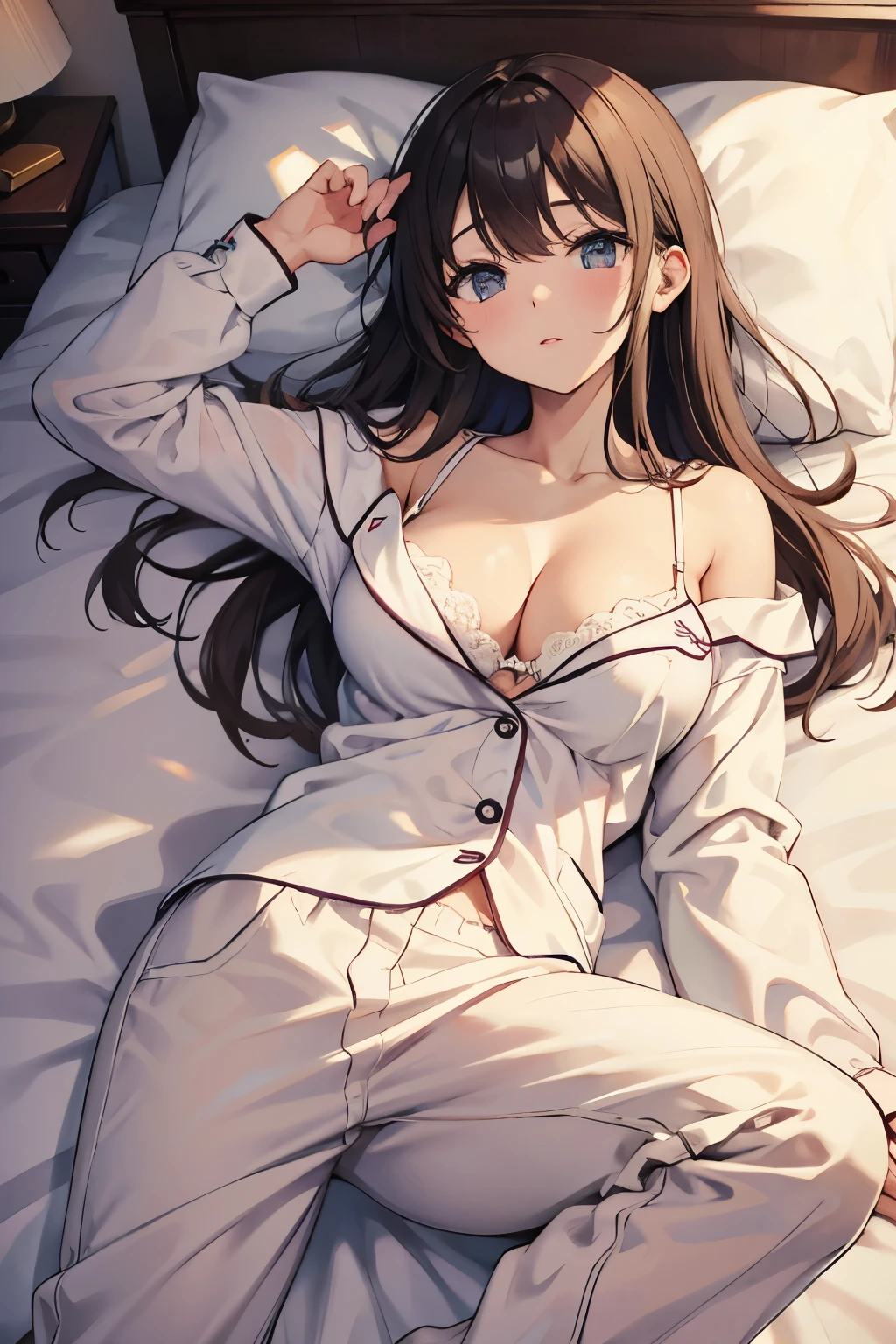 masterpiece, Highest quality, kinue, White pajamas, Pajama pants, Sleep, bed, lying in bed、Long Hair、I can see her cleavage、Sexy