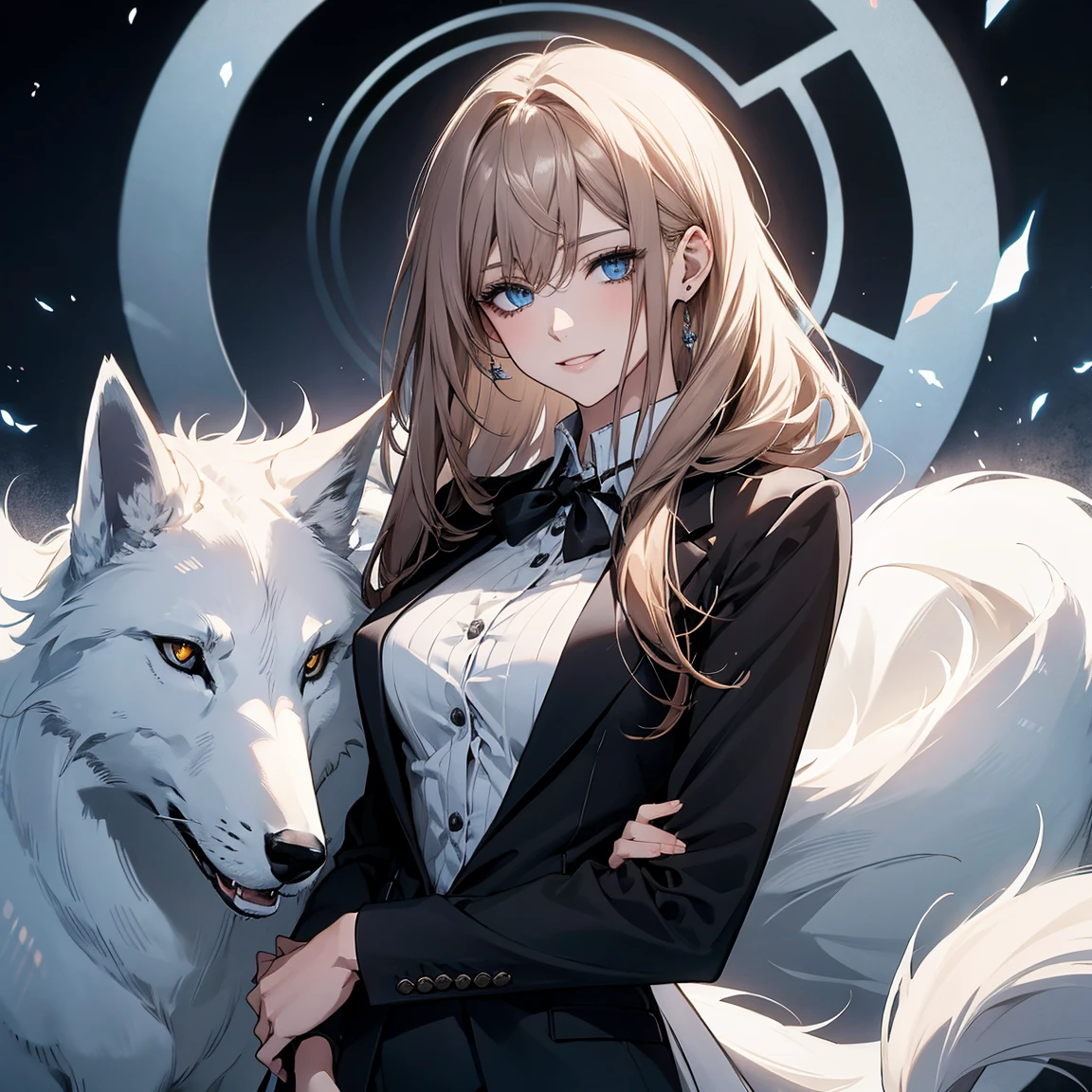 (Highest quality,High resolution,Very detailed),1 girl, Beautiful and elegant light blue eyes, Brown Hair, Cold Smile,Straight long hair tied back, Wearing a black suit, Mature Woman, Age 27,Cruel smile, Calm and Calm, Slim figure, Pale complexion, thin, Calm, secretary,Big white foxを連れている,Big white fox,Small breasts