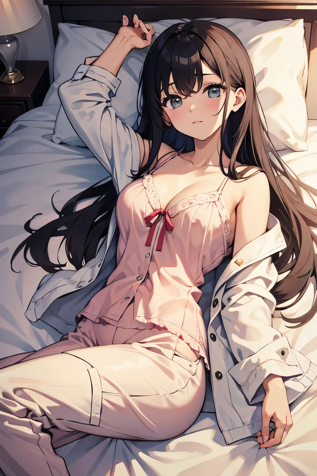 masterpiece, Highest quality, kinue, White pajamas, Pajama pants, Sleep, bed, lying in bed、Long Hair、I can see her cleavage、Sexy