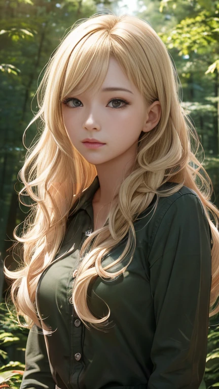 Realistic, High definition, Hyper Detail, Depth of written boundary, NFSW, 1. Female, (((1. Female:1.37, alone))),(Beautiful Face, Cute Face, Detailed face,),  break, 
((( Blonde, Semi-long hair, Pulling the hair back, Wavy Hair))), (((Beautiful brown eyes in every detail,))), break, 
(((sunny))), (((in the forest))), break, burn, Glowing Skin, Very detailed CG 統合 8k 壁紙, Very nice 8K CG wallpaper,  (masterpiece, Highest quality), High resolution, Very detailed, Ultra Sharp, Cinema Lighting