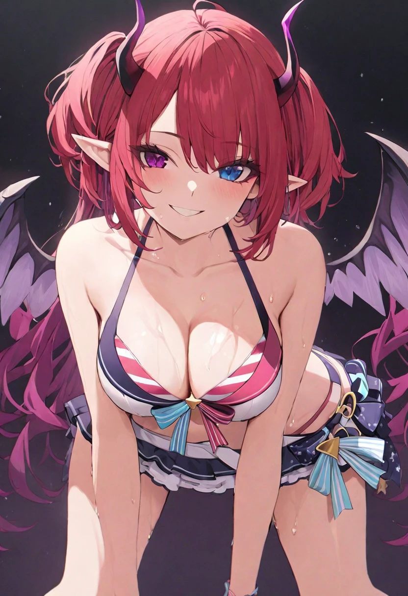 (muste piece), (best quality), (score_9, score_8_up, score_7_up), very detailed eyes, expressive eyes, perfect face, very detailed face, highly detailed face, beautiful girl, 8K, beautiful girl, white background, delicate and beautiful face and eyes, dark intense shadow,
(1 girl), vtuber style, cool girl, hololive, vtuber, (1girl, irys,blue eyes,bob cut,collarbone,colored inner hair,heterochromia,horns,multicolored hair,pointy ears,purple eyes,purple hair,red hair,wings), hololive summer 2023 swimsuit, bare shoulders, layered bikini, red bikini, striped bikini, bikini skirt, big chest, cleavage, clavicle, bare arms, smile, wet hair, wet body, body visible through clothes, chest visible through clothes, ass visible through thighs, (full body), leaning forward, legs apart, sweating,