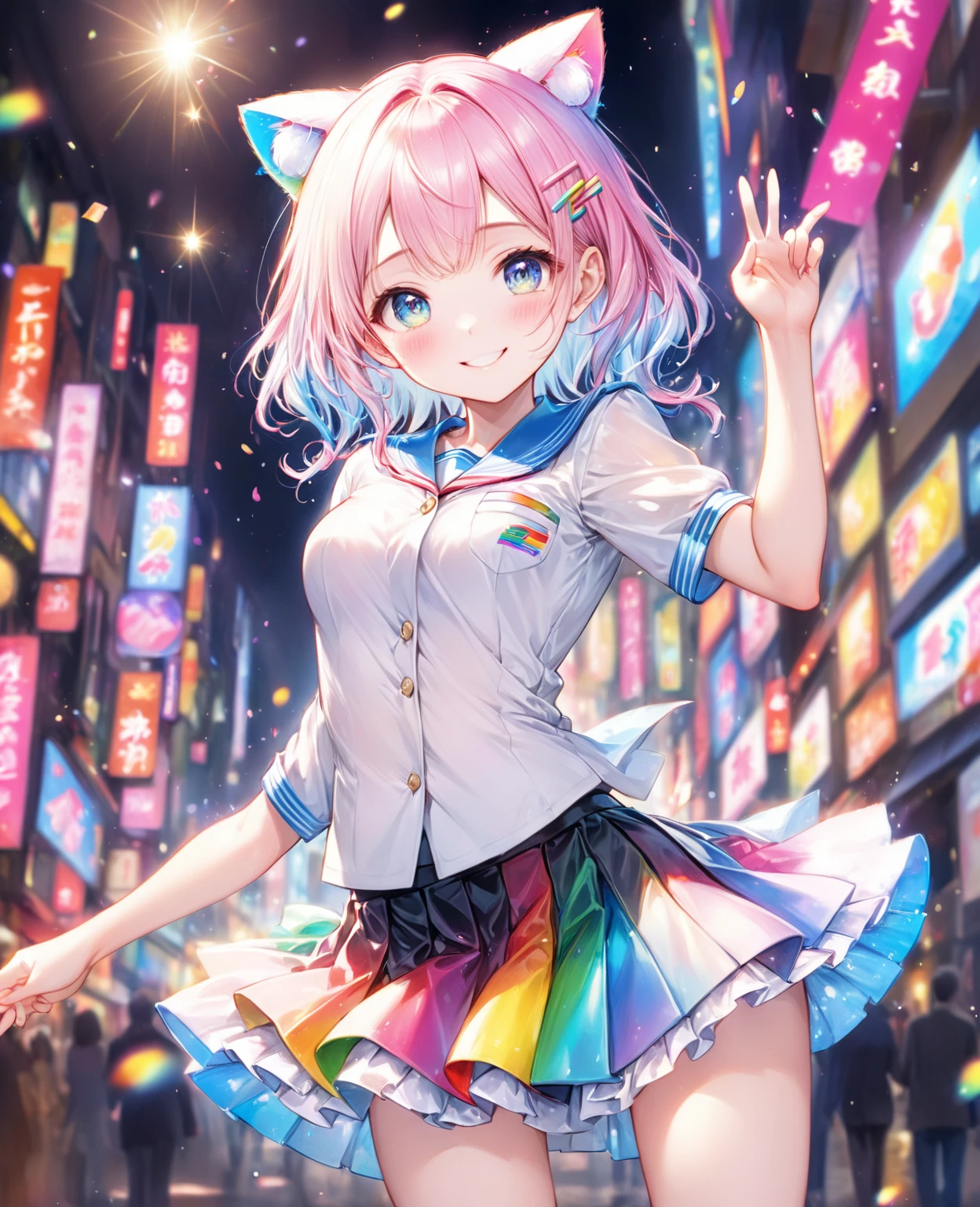 ((Highest quality, 8k, 32K, masterpiece, Ultra-high resolution,:1.2),born, One girl,Super cute , Fantasy Background, Clear, shining eyes, 20-year-old ,Fair skin, Girl, keep your spirits up, expensive, uniform, mini skirt,D cup breasts，，An innocent smile，Nyan Nyan Pose,青い髪の毛