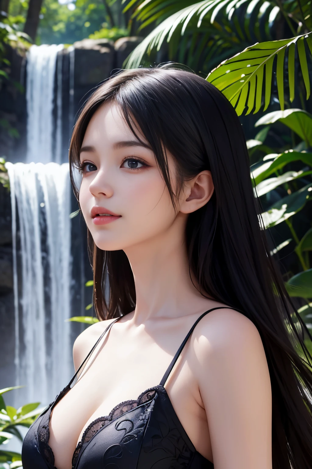 (ultra realistic) , (illustration), (increase resolution), (8K), (extremely detailed), (best illustration), (beautiful detailed eyes), (best quality), (ultra-detailed), (masterpiece), (wallpaper), (detailed face), 1 girl, black straight hair, slender body, delicate details, in the dark, deep shadow, low key, pureerosfaceace_v1, happy smile, summer dress, waterfall, rainforest