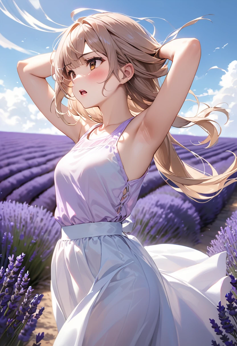 Highest quality, masterpiece, Ultra-high resolution, Realistic:1.2, RAW Photos, Intricate details, Portraiture,　Big beautiful brown eyes:1.2, Perfect contours, Perfect proportions:1.2, One Girl, break　((full body:1.2, from below:2,  ((side shot:1.5)), (looking back:1.2), looking away:1.2)), ((petite, short, tiny girl:1.2)), Light Brown Hair、((long hair, twintails:1.2)), (makeup:1.2, full lips:1.3, pink lips:1.3, shiny lips:1.3, parted lips:1.2), (Stroll through the lavender fields:1.2), ((Silk sleeveless shirt:1.2, Silk long skirt, Low heels)), break　((Arms above head、My hair is about to be blown away by the wind:1.3))、(Embarrassed expression:1.2、A little angry), (The background is a lavender field:1.2、Lavender fluttering in the wind,  Several tourists walking), ((Gust of wind:1.2)), (armpit:1.2), (empty-handed)