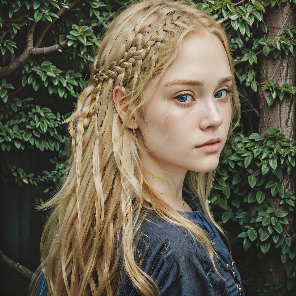 Realistic cute girl with slightly wavy blonde hair and blue eyes standing in front of a cart, large eyes, ultra realistic, visual of a real young woman, vinland saga, official art, visual of a pretty girl, Game of Thrones female character, official art del personaje, portrait, official artwork, blonde girl with long hair, official illustration