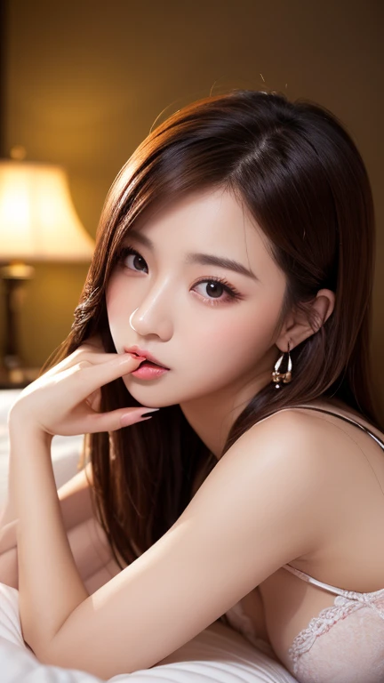 masterpiece、high quality、High resolution、Someone knowledgeable、Detailed face、Detailed Background、Background Blur、((night:1.5, Love hotel bed)), Atmospheric lighting、The sky is low, mix_Artwork Style, Hanging , big , Cleavage, Sweaty, sexy, thick, 1 girl, Brown eyes, Pink Hair, Long Hair, Dark Skin, Earrings, クレイジーでsexyなファッション, Improve, Glossy Lips, White nails, Long nails、1 girl、alone、straddling a man、sexyな表情、Sensual face、blush、Embarrassing、Open your mouth、Lick one&#39;Lips、Sexy face of ecstasy、orgasm、((vapor))