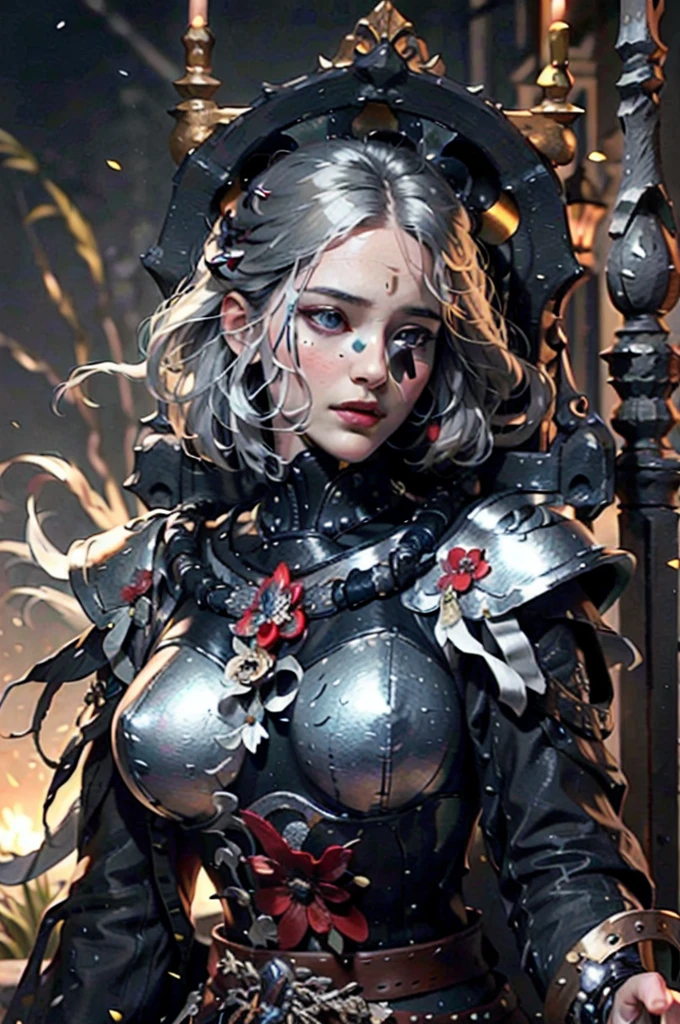 (1girl :1.3),portrait, Christina Chong beautiful face, narrowed eyes. smirk. black braided hair with narrowed eyes,, sister of battle, holding sword, dark background,(black and silver trim, black flower armor:1.5), (hdr:1.4), high contrast, (cinematic:0.85), (muted colors, dim colors, soothing tones:1.3), low saturation, smoke,shining sword,cluster amaryllis,wind,dragon loong spirit behind,perfect anatomy, centered, approaching perfection, (athletic female), detailed face, short hair, white hair, bangs, feminine, nice breasts, beautiful detailed girl, extremely detailed fingers, cute, young, mature face, realistic face, realistic body,armour, adepta sororitas