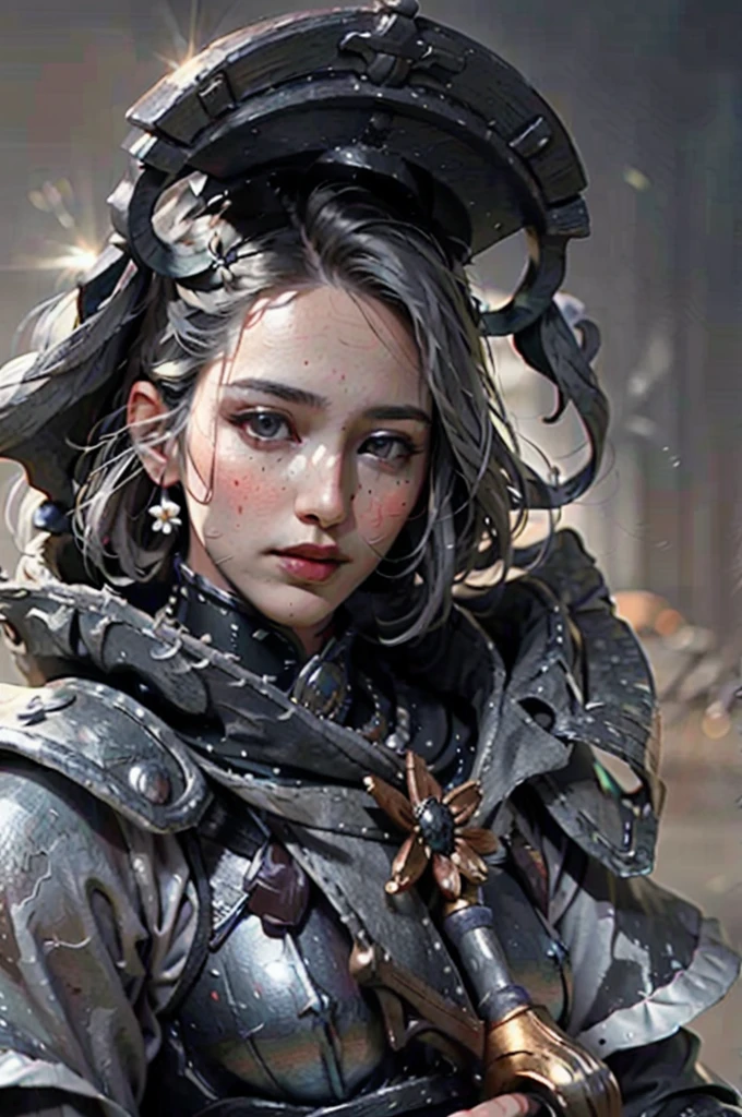 (1girl :1.3),portrait, Christina Chong beautiful face, narrowed eyes. smirk. black braided hair with narrowed eyes,, sister of battle, holding sword, dark background,(black and silver trim, black flower armor:1.5), (hdr:1.4), high contrast, (cinematic:0.85), (muted colors, dim colors, soothing tones:1.3), low saturation, smoke,shining sword,cluster amaryllis,wind,dragon loong spirit behind,perfect anatomy, centered, approaching perfection, (athletic female), detailed face, short hair, white hair, bangs, feminine, nice breasts, beautiful detailed girl, extremely detailed fingers, cute, young, mature face, realistic face, realistic body,armour, adepta sororitas
