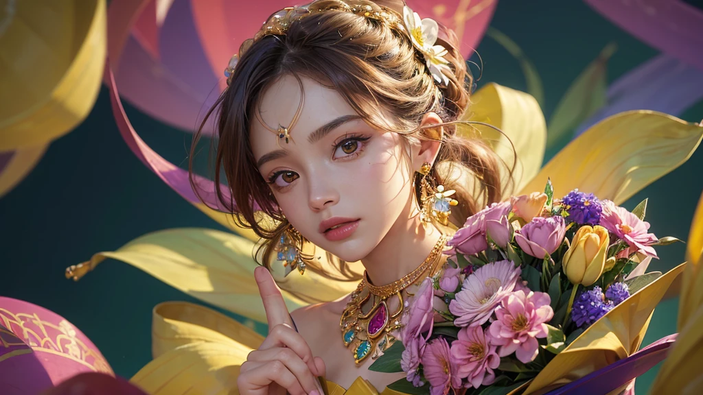 32K, 最高quality, 最高masterpiece, (ultra-Detailed Background, Detailed Background), High resolution, Super detailed, Very detailedな, One girl, (bouquet:1.3), (Tangled:1.2), (Geometric:1.2),(colorful),(masterpiece, quality, best quality, Official Art, Beautiful and beautiful:1.2), (1 girl:1.3), Very detailed,(colorful:1.1)(Flowers:1.3),Most detailed,(Tangled:1.2), whole body, (Abstract background:1.3), (Skin glows), (Many colors:1.4), ,(Earrings Jewelry:1.5), Bright yellow background,
