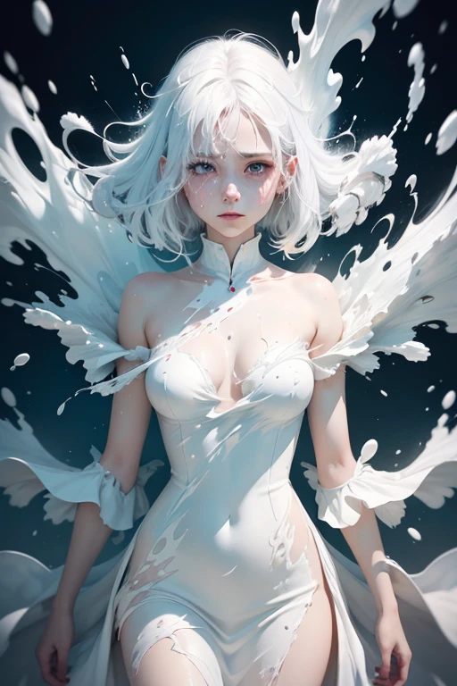 white hair girl with dress liquid paint, bleeding color, Visually stunning, Beautiful, emotional, Cinematic Lighting, ((pure white room)), ((More liquid paint splashes)), (Abstract art:1.4), (Delicate images), (Highly detailed), (high resolution), (Best quality), (masterpiece)