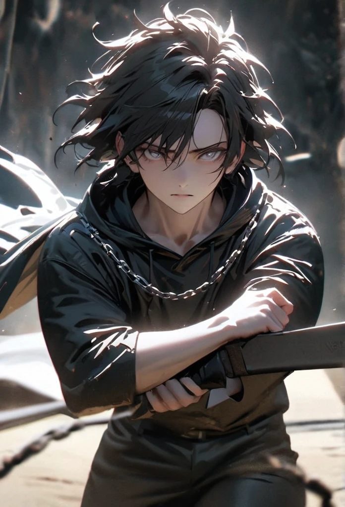 (solo), masculine, black hair, messy hair, mane hair, short hair, dense hair, wild hair, expressive hair, mature,(25 year old), pale skin, grey eyes, ((man)), teacher, wearing black shirt, rolled up sleeves, black long pants, One shoulder has shoulder armor, black cape covering one arm, detailed eyes, dark, hood, the background is space in china. Silver chains everywhere, attractive, eye reflection, depth of field, thunder aura, cinematic lighting, ray tracing, depth of field, cinematic lighting, ray tracing, UHD, high details, best quality, highres, high quality, award winning, super detail, masterpiece, 8k, UHD, high details, best quality, highres, high quality, award winning, super detail, masterpiece, 8k, digital art, anime coloring, full body, body shot, good face, perfect face, detailed face, good eyes, in a fighting position, holding a sword.