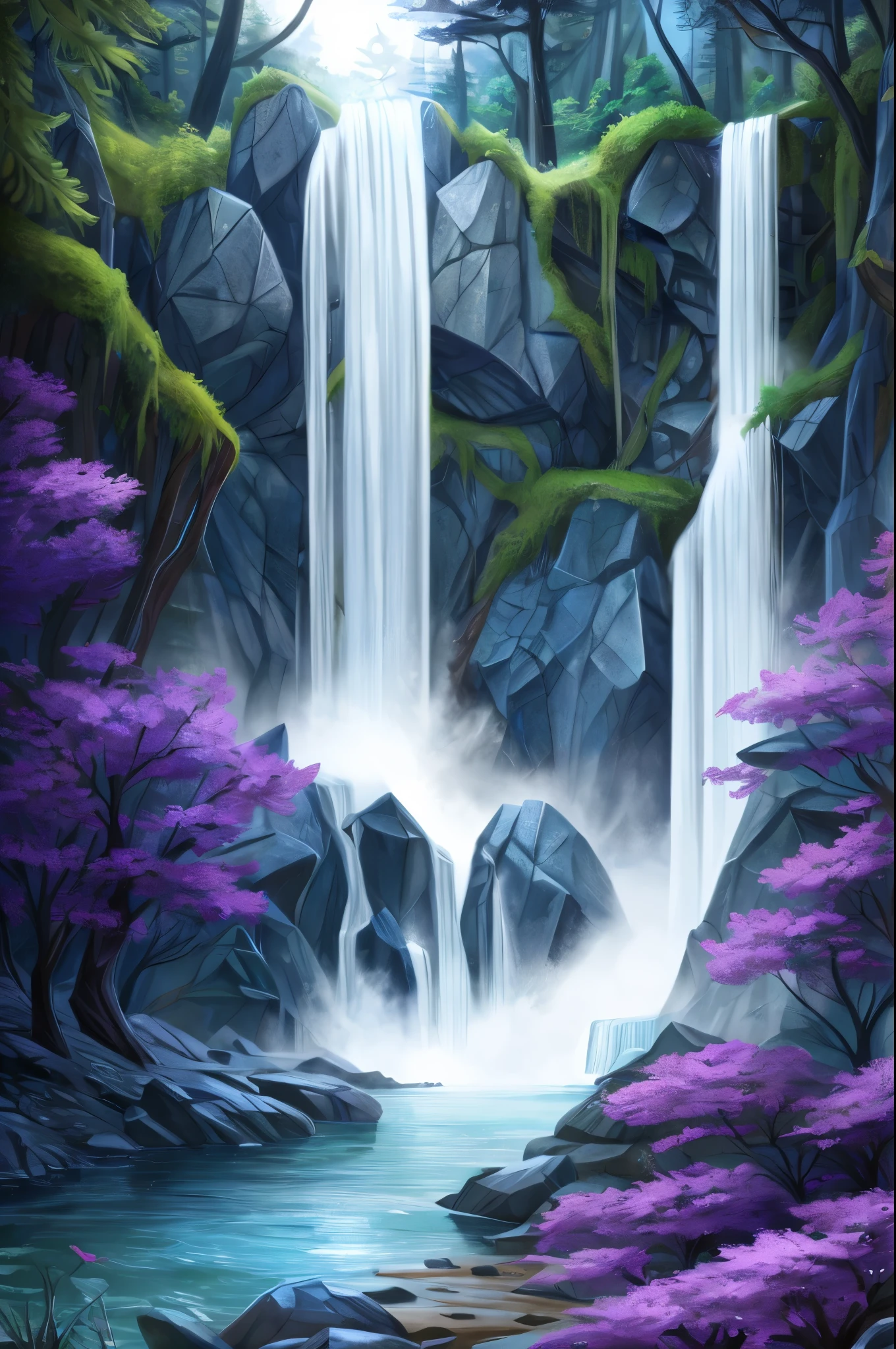 a close up of a cartoon pony near a waterfall, concept art by Kamagurka, deviantart contest winner, fantasy art, twilight sparkle, commission for high res, cool twilight, dark cool twilight, in a magical forest, mlp, mlp fanart, oc commission, commission for, fantasy art style, doing a hot majestic pose, next to a waterfall