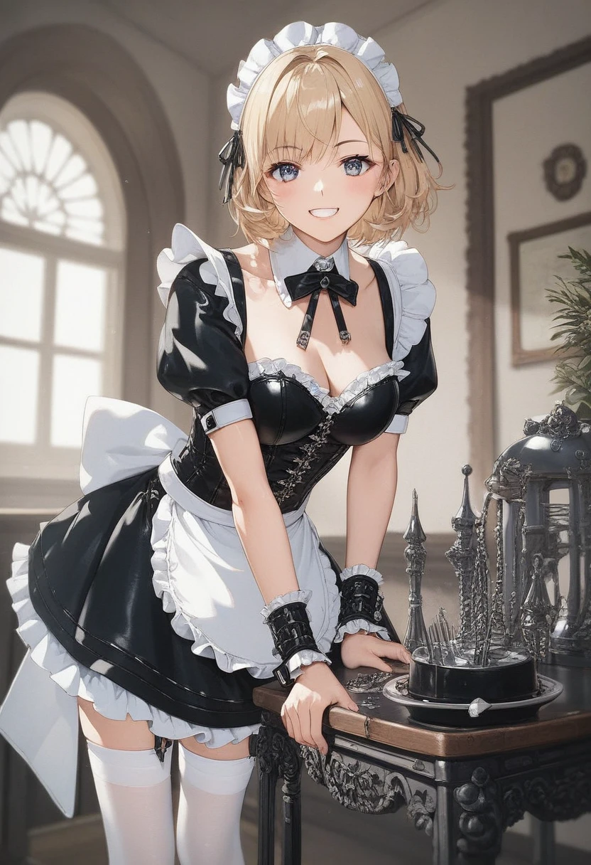 rebis style-pxl, score_9, score_8_up, score_7_up, source_anime, rating:general, rating:safe, masterpiece, best quality, hud_sp1ked, chain, spikes, leather, skirt, corset, 1girl, leaning forward, smile, bangs, breasts, maid headdress, maid, frills, black dress, detached collar, puffy short sleeves, wrist cuffs, apron, white thighhighs, wavy short hair, blonde hair, looking at viewer,