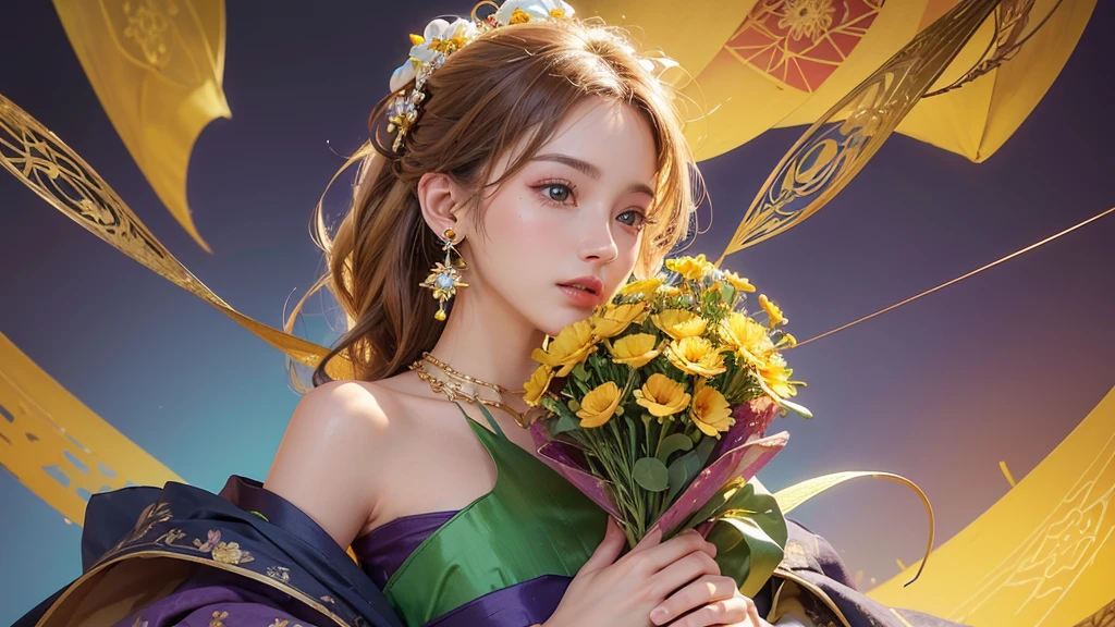 32K, 最高quality, 最高masterpiece, (ultra-Detailed Background, Detailed Background), High resolution, Super detailed, Very detailedな, One girl, (bouquet:1.3), (Tangled:1.2), (Geometric:1.2),(colorful),(masterpiece, quality, best quality, Official Art, Beautiful and beautiful:1.2), (1 girl:1.3), Very detailed,(colorful:1.1)(Flowers:1.3),Most detailed,(Tangled:1.2), whole body, (Abstract background:1.3), (Skin glows), (Many colors:1.4), ,(Earrings Jewelry:1.5), Bright yellow background,