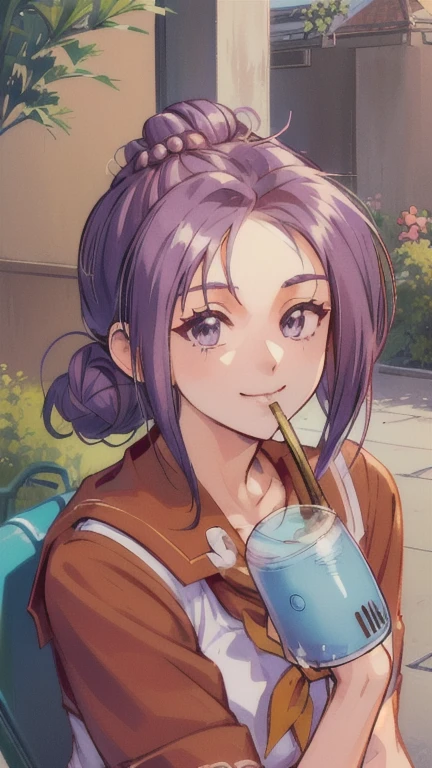 ((masterpiece)),((Ayako Katagiri)),((Katagiri Ayako)),((Mischievous Smile)),Anatomically perfect fingers,(((Kirameki High School Uniform))),(((Cafe Terrace))),(((A moment of summer))),(((Drinking iced coffee)))