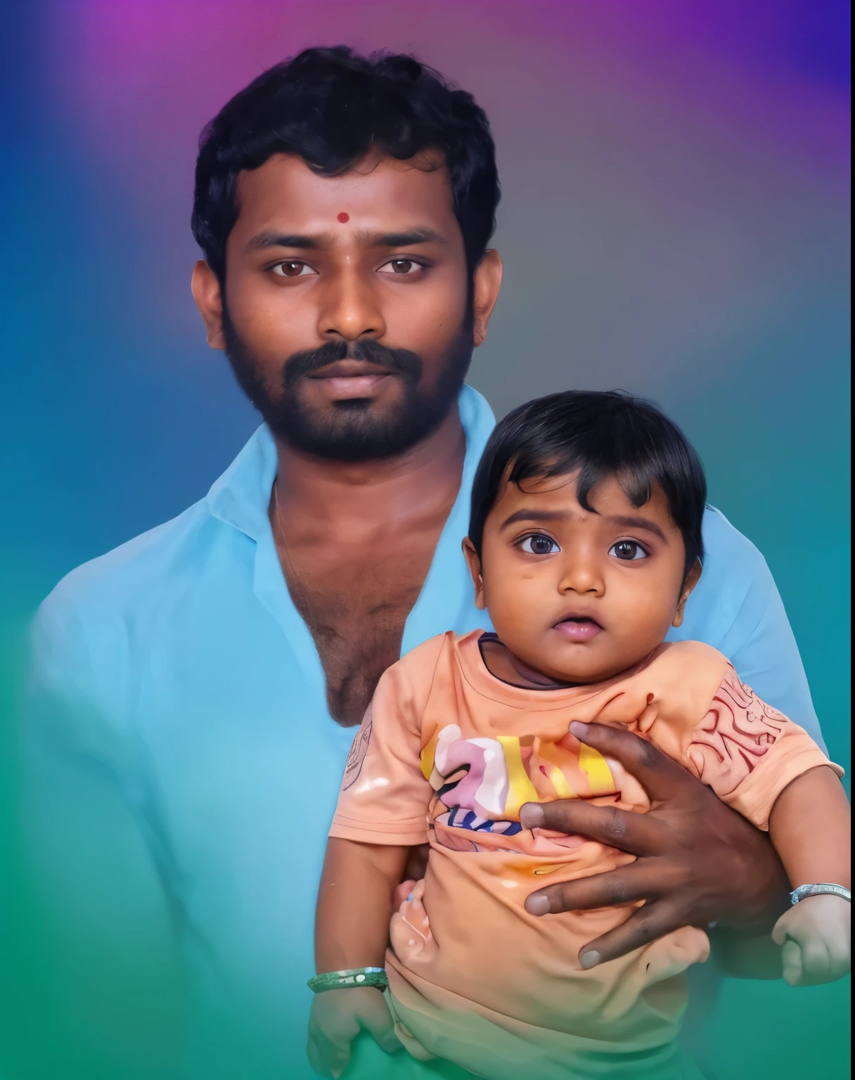 In the image, there is a South Indian man and a young . The man appears to be an adult with short hair and a light complexion. He has a visible red mark on his forehead and is wearing a blue shirt. The , who seems to be a baby or toddler, is held by the man. The has dark hair and is dressed in a pink top. Both individuals are set against a vibrant background that transitions from purple at the edges to green towards the center. There are no texts visible in the image.