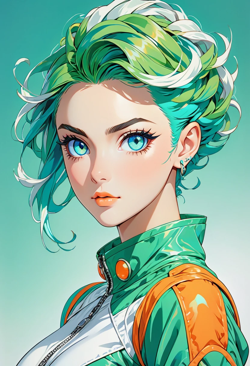 anime style of Jojo's Bizarre Adventure,strong strokes  vibrant colors, focus on character design and full body_portrait color teal,white,green,orange. Skin white perfect face shaven_green full_body_portraits perfect eyes. A young woman with bright green up hairstyle pixie/shaven and piercing's in yours ears blue eyes stares intensely at the viewer. She is dressed in a futuristic suit with a color scheme of teal, orange, and white.