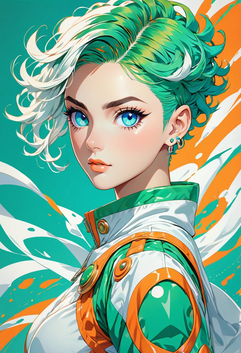 anime style of Jojo's Bizarre Adventure,strong strokes  vibrant colors, focus on character design and full body_portrait color teal,white,green,orange. Skin white perfect face shaven_green full_body_portraits perfect eyes. A young woman with bright green up hairstyle pixie/shaven and piercing's in yours ears blue eyes stares intensely at the viewer. She is dressed in a futuristic suit with a color scheme of teal, orange, and white.