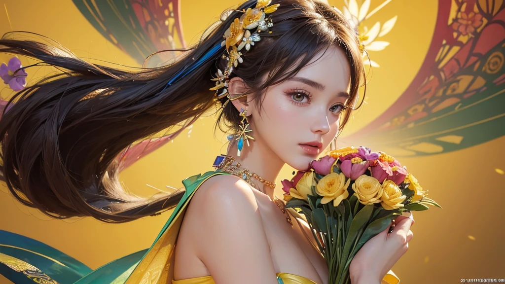 32K, 最高quality, 最高masterpiece, (ultra-Detailed Background, Detailed Background), High resolution, Super detailed, Very detailedな, One girl, (bouquet:1.3), (Tangled:1.2), (Geometric:1.2),(colorful),(masterpiece, quality, best quality, Official Art, Beautiful and beautiful:1.2), (1 girl:1.3), Very detailed,(colorful:1.1)(Flowers:1.3),Most detailed,(Tangled:1.2), whole body, (Abstract background:1.3), (Skin glows), (Many colors:1.4), ,(Earrings Jewelry:1.5), Bright yellow background,