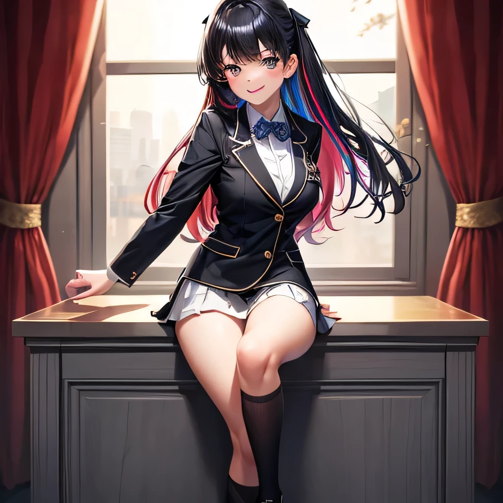 a beauty girl，Black blazer with ribbon，Cute Uniform，blazers，A smile，girl，top-quality，Colossal ，​masterpiece，Excellent style，Erotic Cute，超A high resolution，beautiful a girl，Lovely girl，Multicolored hair，Loose socks，HD image quality，Beautiful eyes，Perfect Beautiful Girl，‎Classroom，